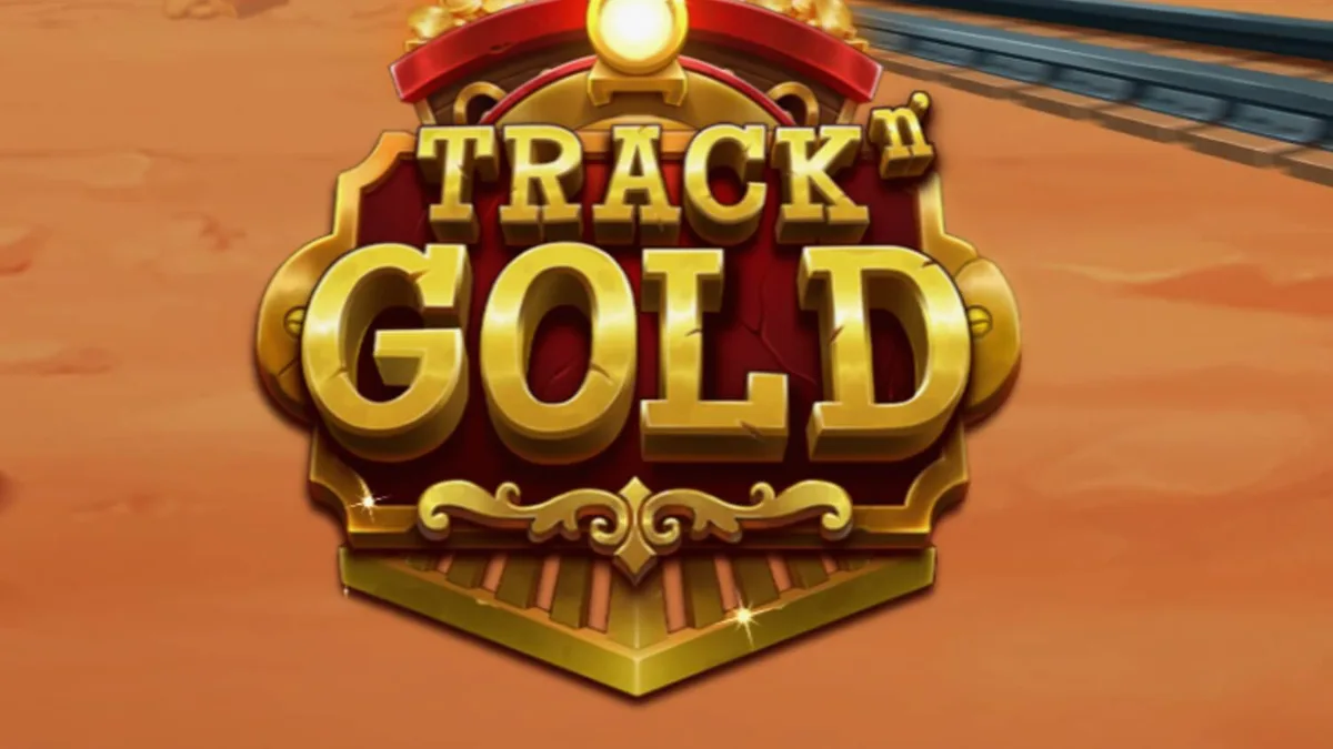Tampilan visual mesin slot Track'n Gold dengan latar belakang kereta uap di padang gurun.